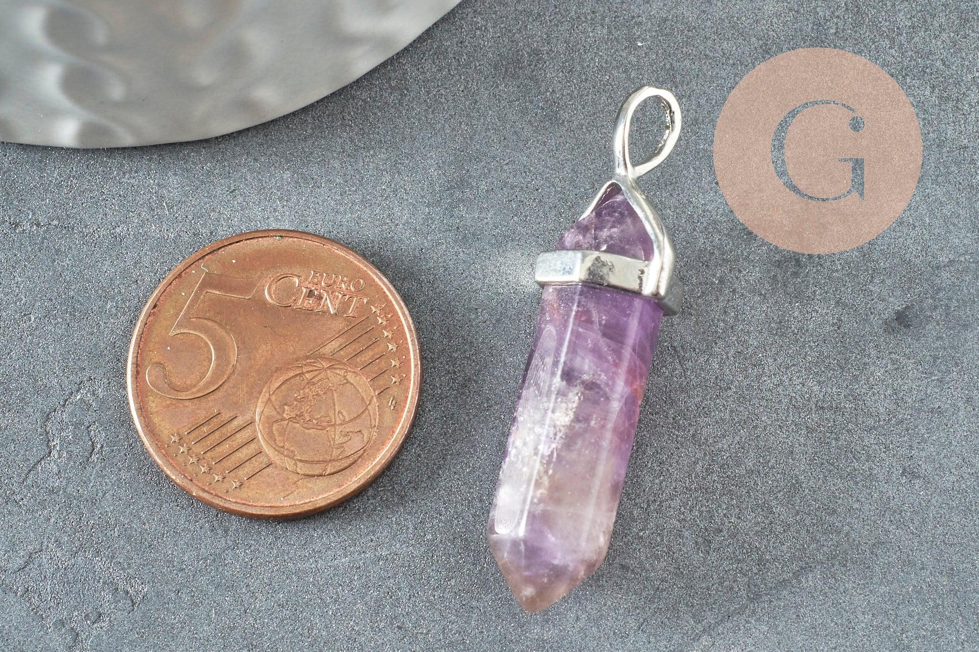 Pendentif pointe améthyste violette zamac platine 39mm, création bijoux pierre naturelle, x1 G1309