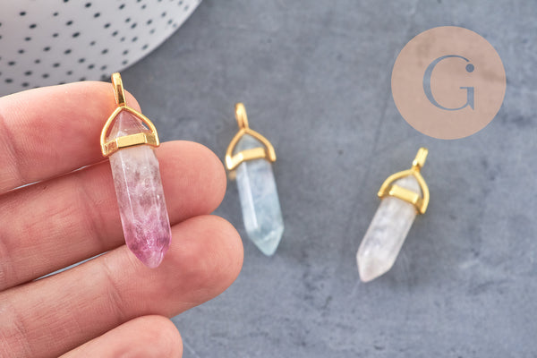 Pendentif pointe fluorite violette verte naturelle zamac doré 40mm, x1 (G5656)