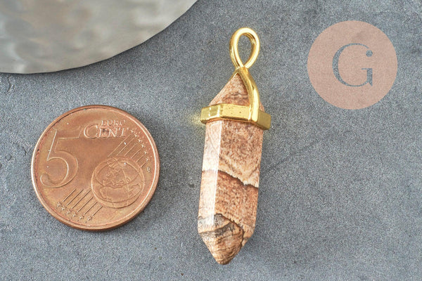 Pendentif pointe jaspe paysage naturel laiton doré 38-41mm, création bijoux pierre naturelle, x1 G2964