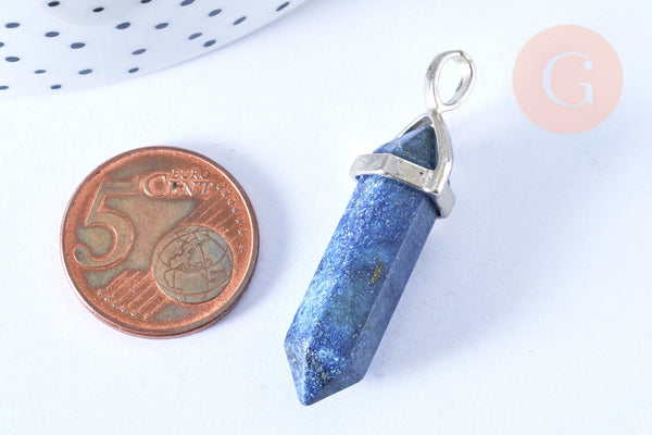 Pendentif pointe lapis-lazuli naturel laiton argenté 39-41mm, x1 (G7091)