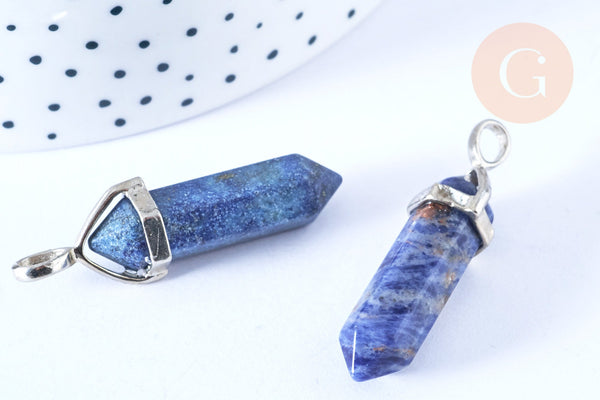 Pendentif pointe lapis-lazuli naturel laiton argenté 39-41mm, x1 (G7091)