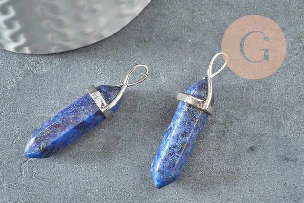 Pendentif pointe lapis lazulis naturel zamac argenté 40mm, x1 (G4078)