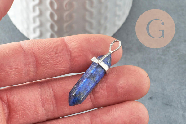 Pendentif pointe lapis lazulis naturel zamac argenté 40mm, x1 (G4078)