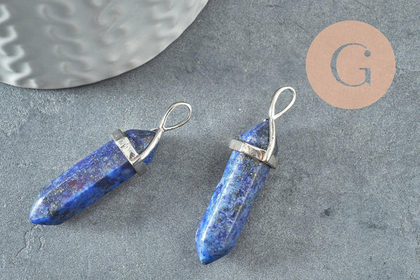 Pendentif pointe lapis lazulis naturel zamac argenté 40mm, x1 (G4078)