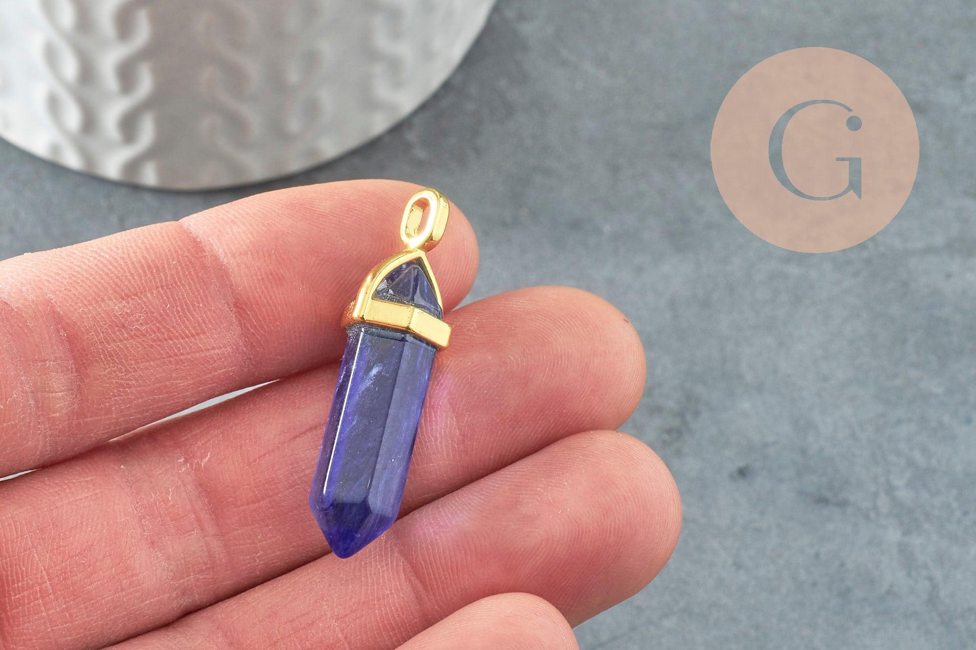 Pendentif pointe pierre watermelon bleue zamac doré 40mm, création bijoux pierre, x1 G5165