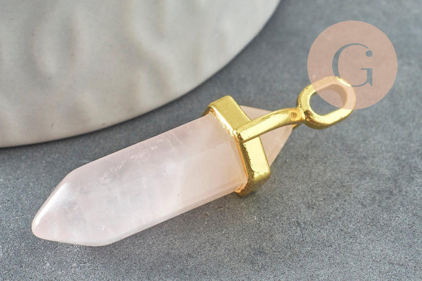 Pendentif pointe quartz rose naturel zamac doré 39-41mm, création bijoux pierre naturelle, x1 G1649