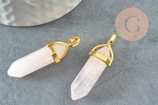 Pendentif pointe quartz rose naturel zamac doré 39-41mm, création bijoux pierre naturelle, x1 G1649
