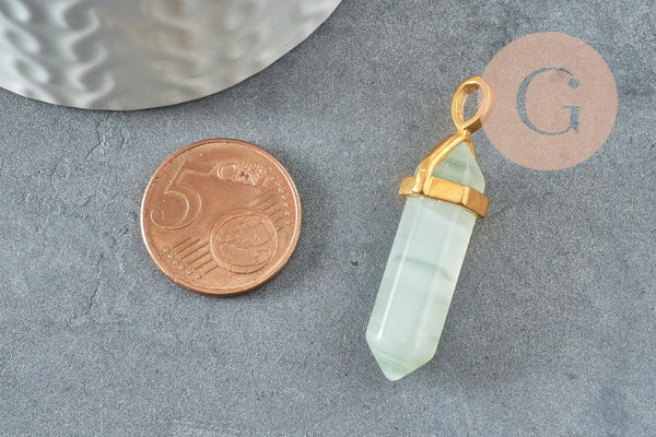 Pendentif pointe quartz vert naturel zamac doré 40mm, création bijoux pierre naturelle, x1 G2984