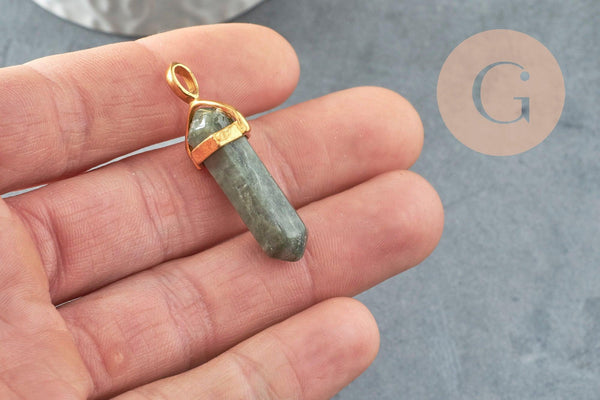 Pendentif pointe quartz vert naturel zamac doré 40mm, création bijoux pierre naturelle, x1 G2984