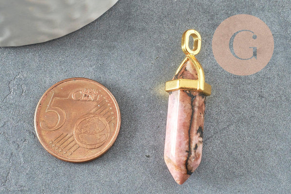 Pendentif pointe rhodonite naturelle zamac doré 38mm, création bijou pierre naturelle x1 G2802