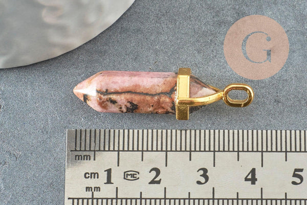 Pendentif pointe rhodonite naturelle zamac doré 38mm, création bijou pierre naturelle x1 G2802