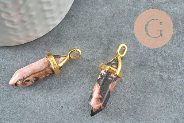 Pendentif pointe rhodonite naturelle zamac doré 38mm, création bijou pierre naturelle x1 G2802