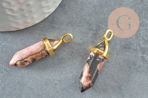 Pendentif pointe rhodonite naturelle zamac doré 38mm, création bijou pierre naturelle x1 G2802