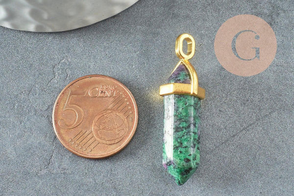 Pendentif pointe rubis zoisite naturelle laiton doré 37-40mm, pendentif bijou pierre naturelle, x1 G5206