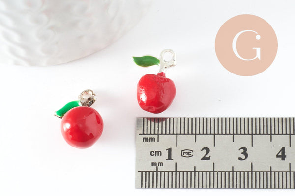 Pendentif pomme émaillé rouge zamac argenté 18.5mm, x1 (G4299)