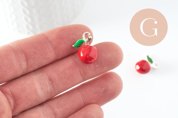 Pendentif pomme émaillé rouge zamac argenté 18.5mm, x1 (G4299)