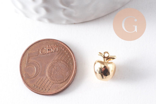 Pendentif pomme en laiton doré 18K 10mm, x2 (G10381)