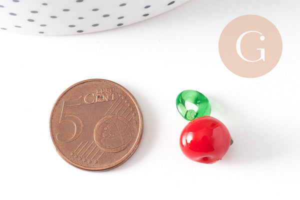 Pendentif pomme fruit rouge verre tchèque 25mm, x5 (G1986)