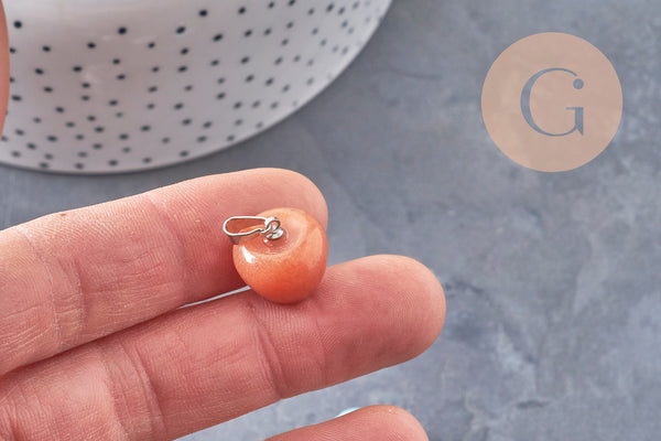 Pendentif pomme pierre naturelle acier inoxydable platine 14-15mm, x1 (G7109)