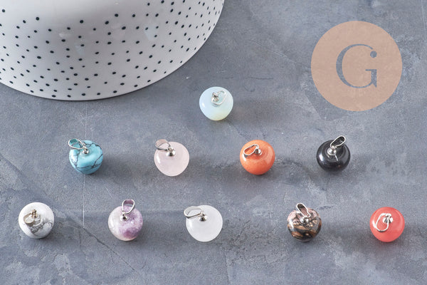 Pendentif pomme pierre naturelle acier inoxydable platine 14-15mm, x1 (G7109)