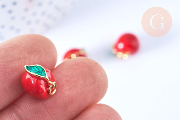 Pendentif pomme rouge laiton doré 12mm,thème fruit, création de bijoux dorés, x1 G6687