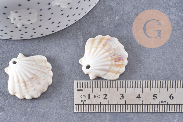 Pendentif porcelaine beige coquillage 30MM, perle céramique géométrique fabrication bijoux céramique blanche, x1 (G3310)