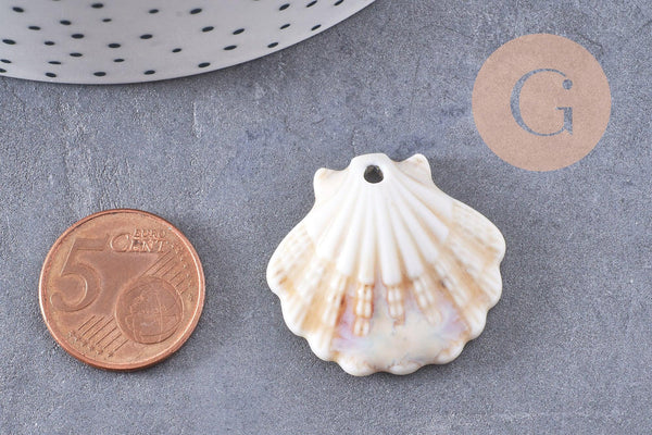Pendentif porcelaine beige coquillage 30MM, perle céramique géométrique fabrication bijoux céramique blanche, x1 (G3310)