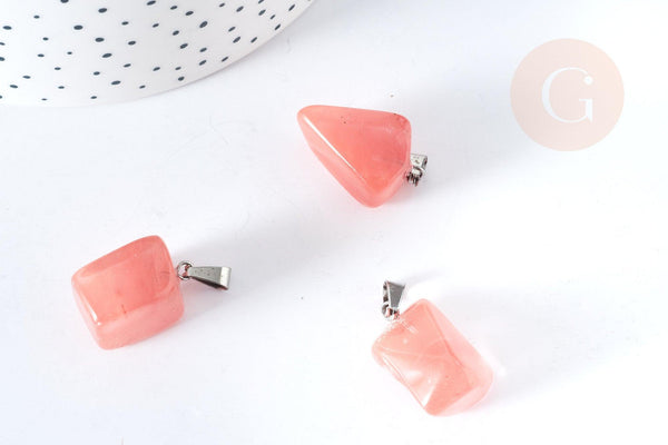 Pendentif quartz cerise roulé acier platine, pendentif pierre acier inoxydable, bijou pendentif pierre naturelle,15-35mm, x1, G5505