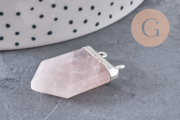Pendentif quartz rose hexagone argenté,pendentif bijoux pierre,quartz rose naturel,28mm x1 (G5197)