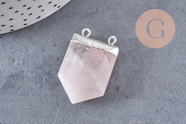Pendentif quartz rose hexagone argenté,pendentif bijoux pierre,quartz rose naturel,28mm x1 (G5197)