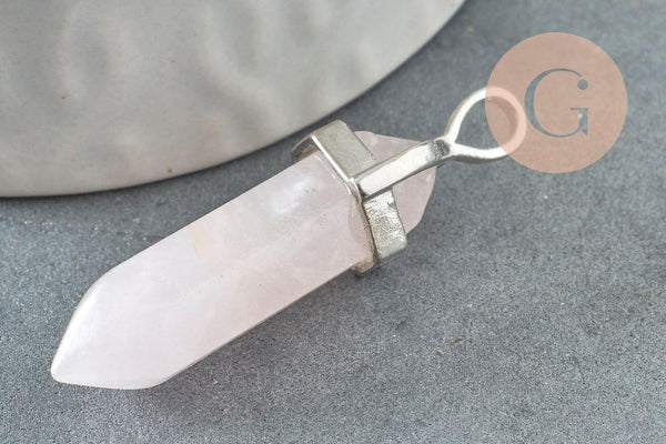 Pendentif quartz rose pointe, pierre brute, création bijoux,pendentif pierre,pendentif argenté, pierre naturelle,39mm, x1 G0556