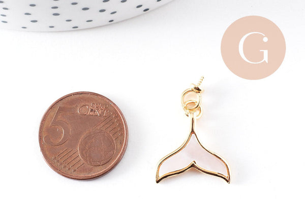 Pendentif queue de poisson acrylique blanc nacré laiton doré 18K 21mm, x1 (G10085)