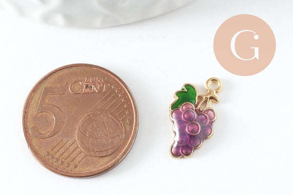 Pendentif raisin émaillé doré,pendentif fruit création bijoux, pendentif doré, 17mm, x5 (G3512)