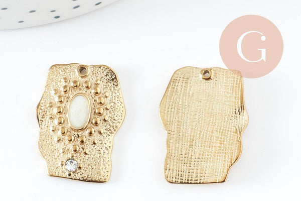 Pendentif rectangle 304 inoxydable doré PVD résine blanche zircon 25mm, x1 (G9410)