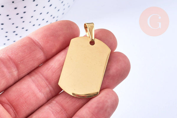 Pendentif rectangle acier inoxydable 304 doré à graver 35mm, x1 (G6878)