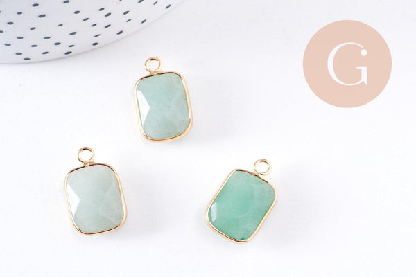 Pendentif rectangle aventurine verte naturelle laiton doré 22mm, x1 (G5627)