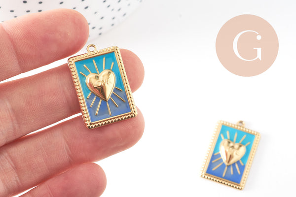 Pendentif rectangle coeur émaillé bleu acier 304 inoxydable doré IP 28mm, x1 (G10801)