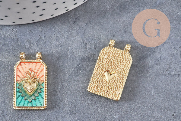 Pendentif rectangle émaillé coeur sacré laiton 18K 26.5mm, x1 (G10944)