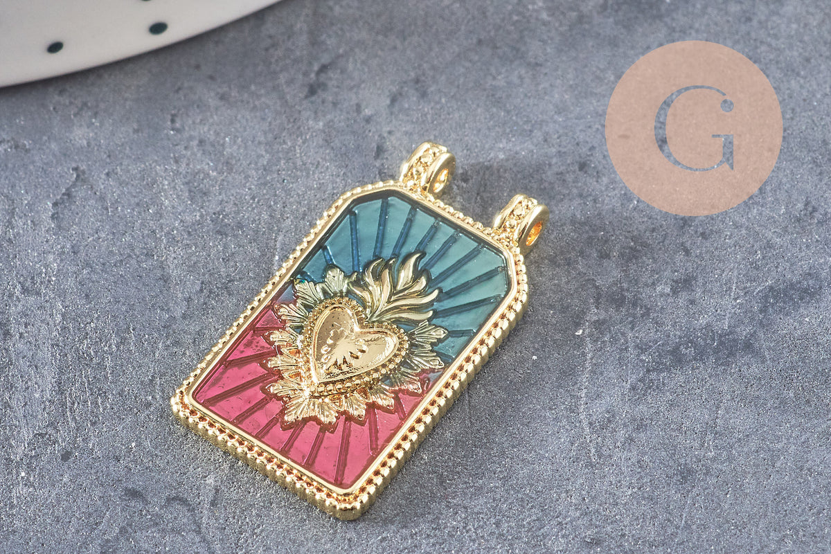 Pendentif rectangle émaillé coeur sacré laiton doré 26.5mm, x1 (G10944)
