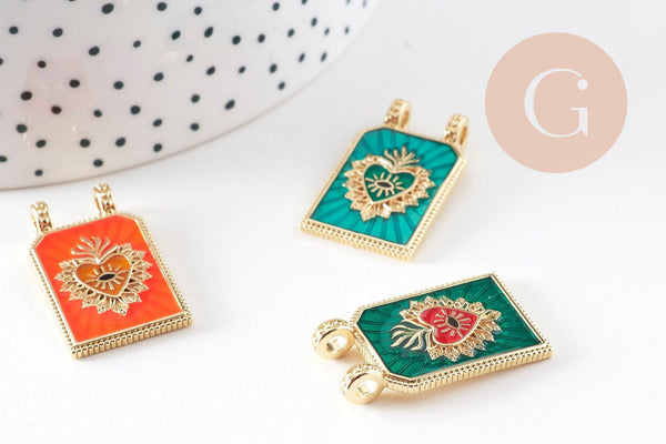 Pendentif rectangle émaillé coeur sacré laiton doré 29mm, x1 (G10942)