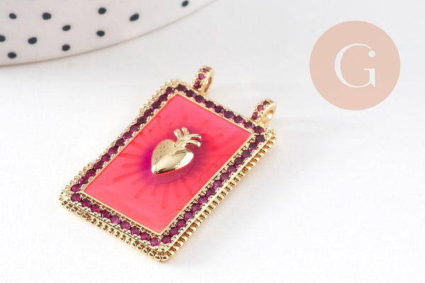 Pendentif rectangle émaillé coeur sacré rose zircons laiton doré 36mm, x1 (G10941)