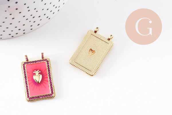 Pendentif rectangle émaillé coeur sacré rose zircons laiton doré 36mm, x1 (G10941)