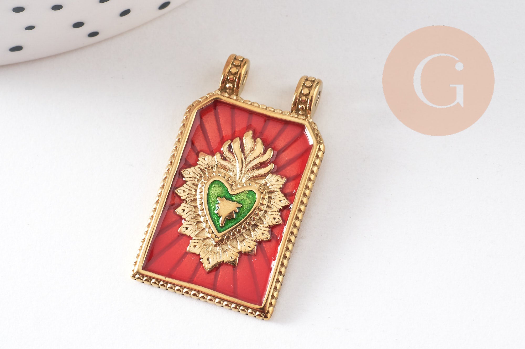 Pendentif rectangle émaillé oeil protecteur coeur sacré acier 304 inoxydable doré PVD 32mm, x1 (G10531)