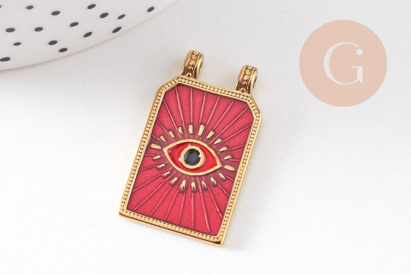 Pendentif rectangle émaillé oeil protecteur coeur sacré acier 304 inoxydable doré PVD 32mm, x1 (G10531)
