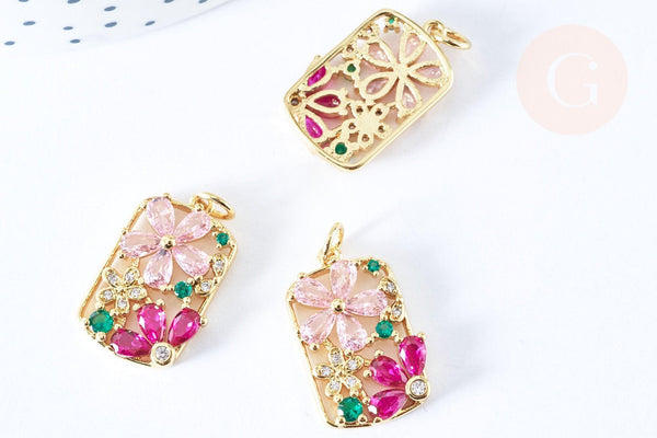 Pendentif rectangle fleurs laiton doré 16k cristal 21.5mm,sans nickel,cadeau anniversaire,pendentif animal, Pendentif zircon, x1 (G6676)
