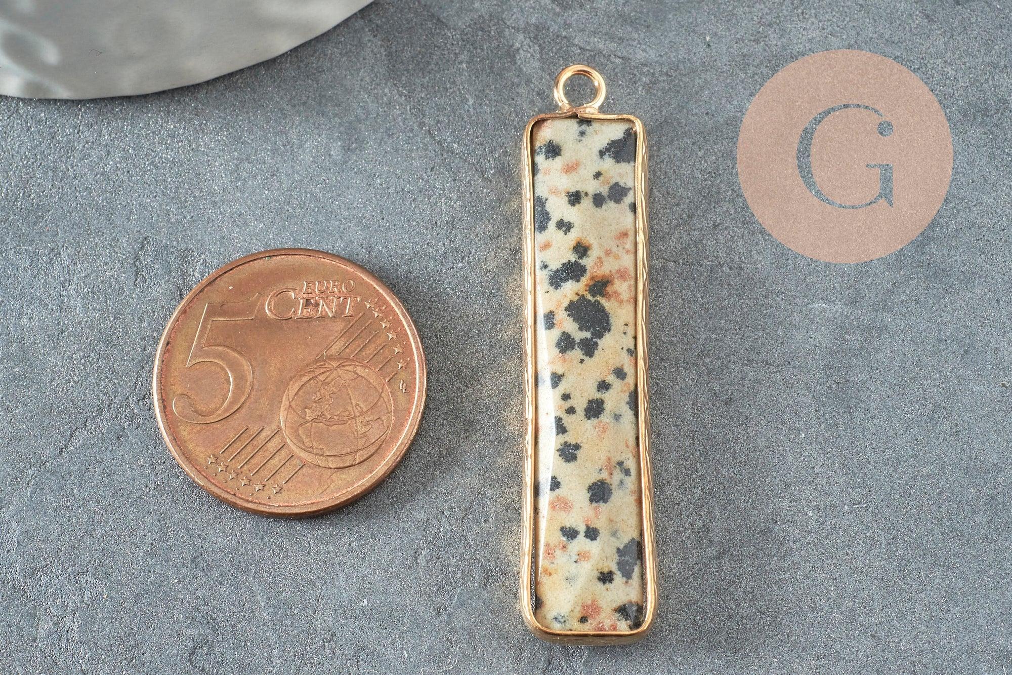 Pendentif rectangle jaspe dalmatien naturel laiton doré 45mm, création bijoux pierre naturelle, x1 G1426