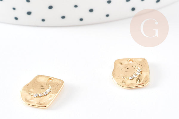 Pendentif rectangle lune zamac doré 18k martelé 14mm,lune zircon pour creation bijoux,Pendentif Lune doré x1 G4767