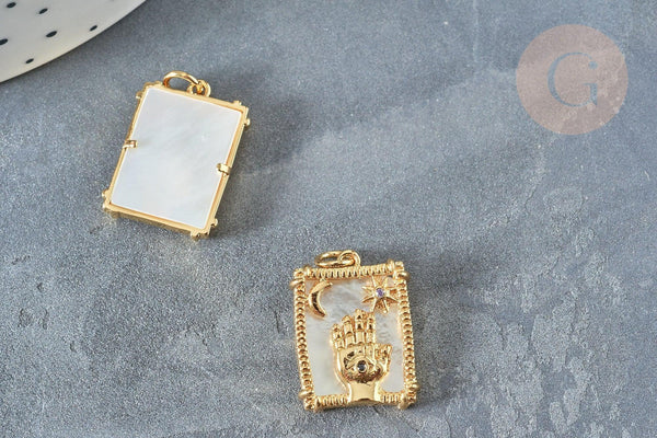 Pendentif rectangle main mauvais œil mystique nacre laiton doré zircon 18K,Pendentif doré carte de tarot, x1 (G7378)