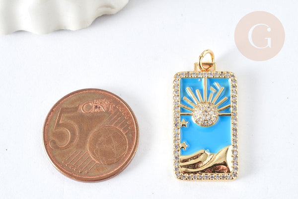 Pendentif rectangle soleil laiton doré émail bleu ciel zircons 27mm, x1 G7568