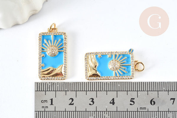 Pendentif rectangle soleil laiton doré émail bleu ciel zircons 27mm, x1 G7568